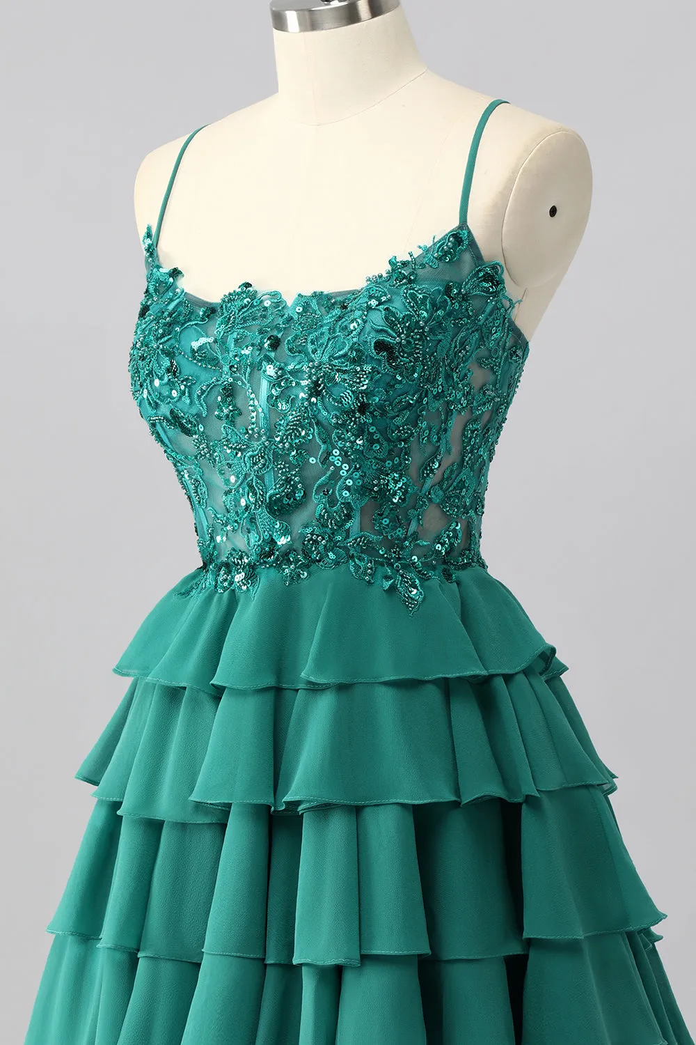 Dark Green A-Line Spaghetti Straps Sequin Short Homecoming Dress with Ruffles sold by Wedtrend product image thumbnail 5
