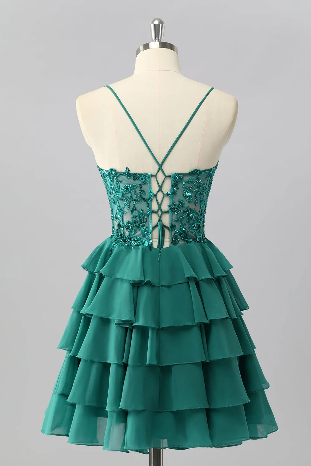 Dark Green A-Line Spaghetti Straps Sequin Short Homecoming Dress with Ruffles sold by Wedtrend product image thumbnail 2