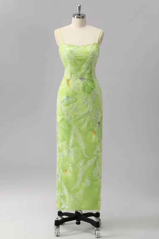 Green Sheath Spaghetti Straps Floral Sequin Formal Dress with Beading made by Wedtrend