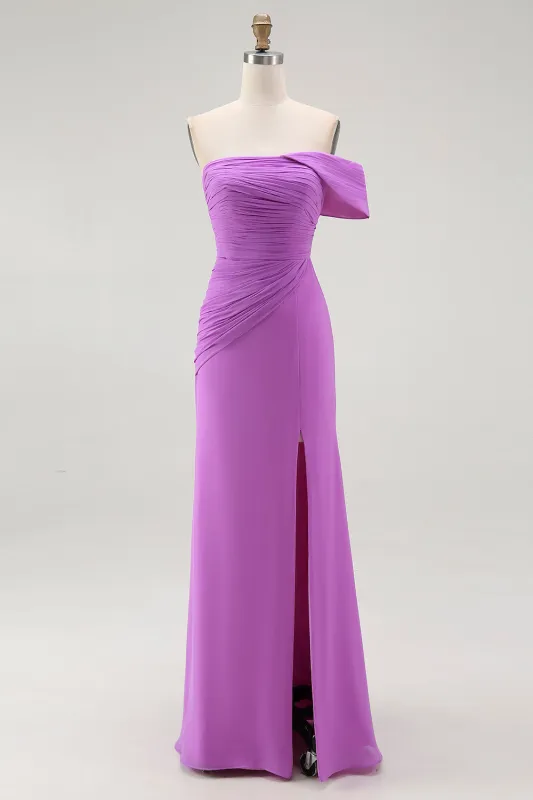 Purple Sheath Off The Shoulder Pleated Formal Dress with Slit made by Wedtrend