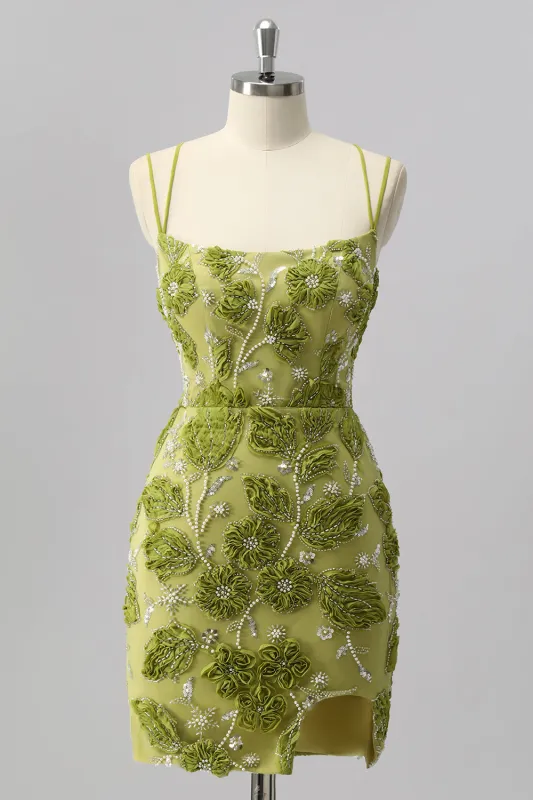 Green Spaghetti Straps Beaded Tight Homecoming Dress with 3D Flowers made by Wedtrend