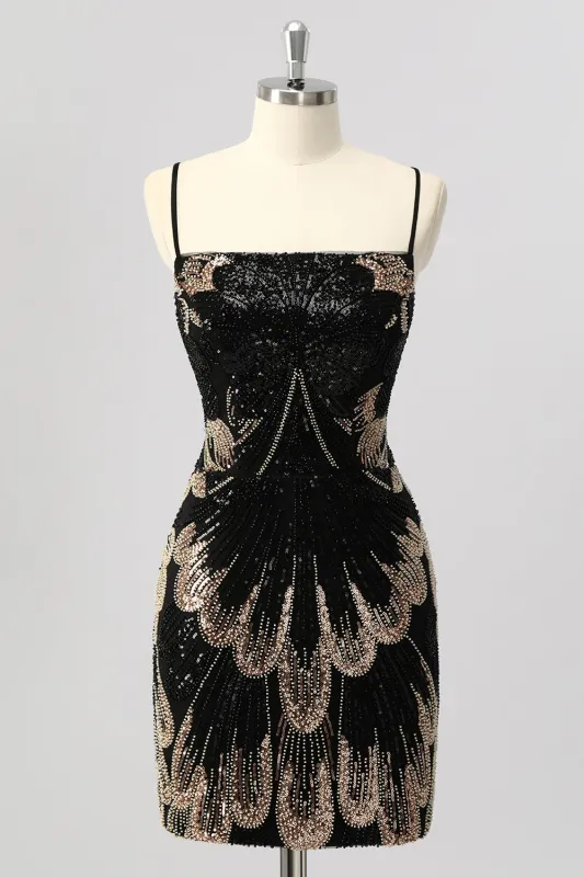 Black Bodycon Spaghetti Straps Lace Up Back Beaded Homecoming Dress with Sequins made by Wedtrend