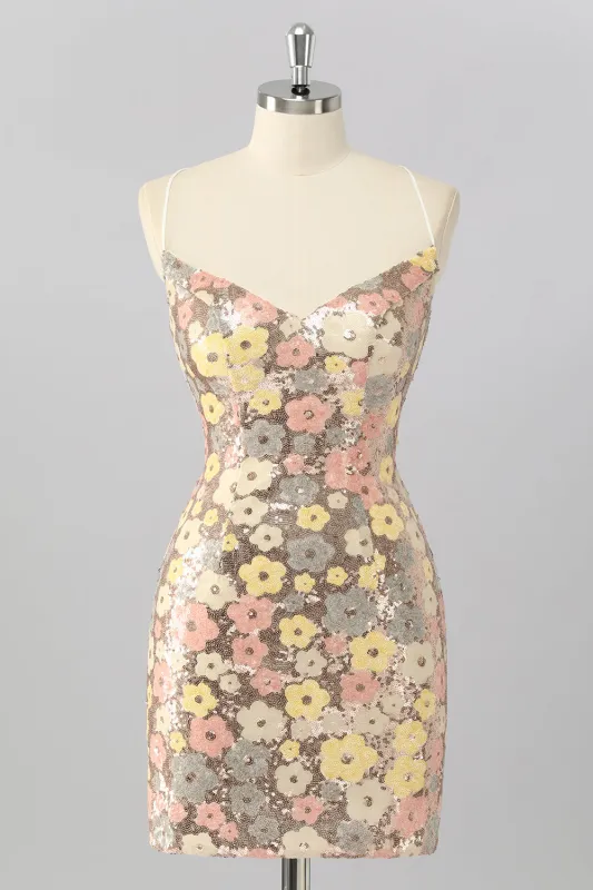 Yellow Flower Bodycon Sequins Spaghetti Straps Homecoming Dress with Lace Up Back made by Wedtrend