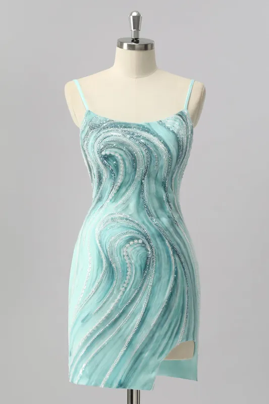 Green Bodycon Spaghetti Straps Beaded Short Homecoming Dress with Lace Up Back made by Wedtrend