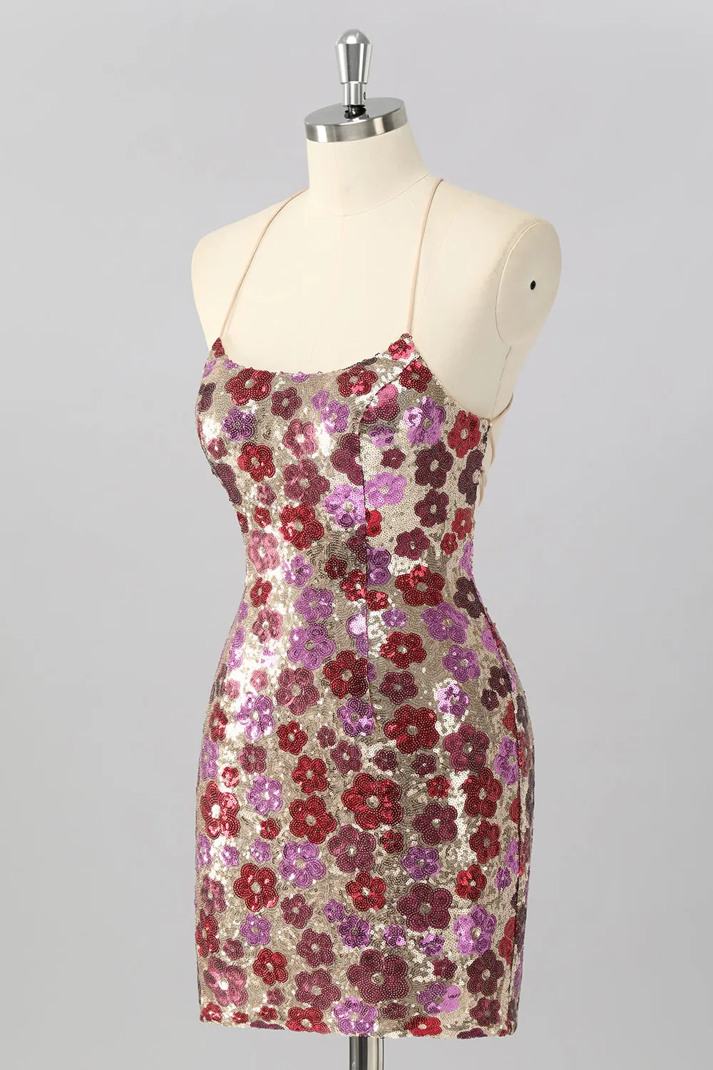 Red Flower Sequins Bodycon Spaghetti Straps Homecoming Dress with Lace Up Back sold by Wedtrend product image thumbnail 3