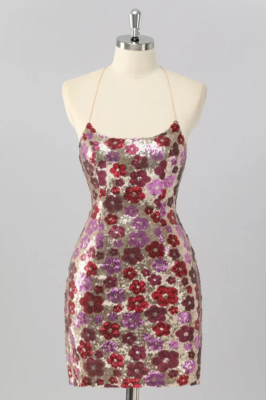 Red Flower Sequins Bodycon Spaghetti Straps Homecoming Dress with Lace Up Back made by Wedtrend