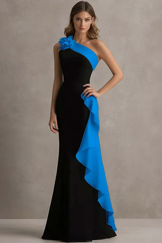 Black and Blue Mermaid One Shoulder Ruffled Formal Dress with 3D Flower made by Wedtrend