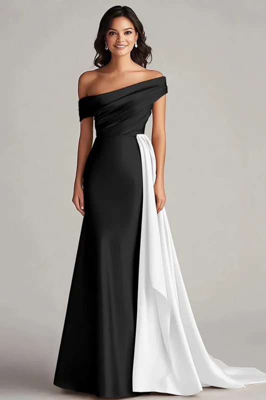 Off The Shoulder Black and White Mermaid Formal Dress with Sash sold by Wedtrend