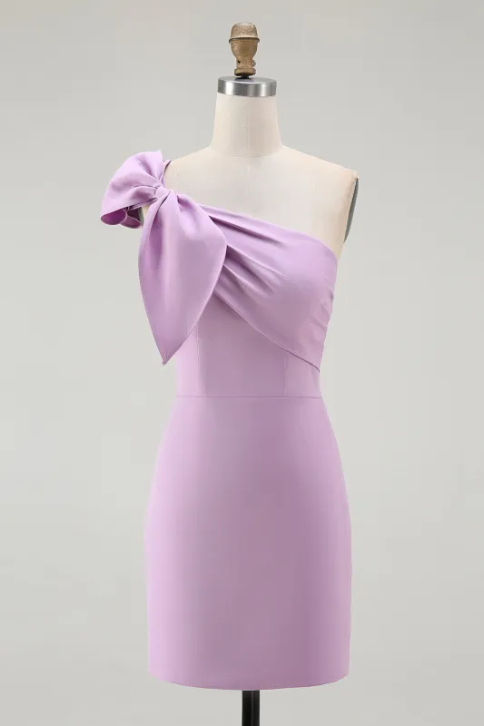 Cute Lilac Bodycon One Shoulder Mini Homecoming Dress with Bow made by Wedtrend