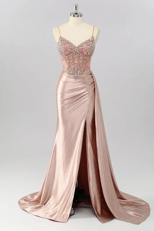 Sparkly Blush Mermaid Spaghetti Straps Ruched Streamer Beaded Prom Dress with Slit sold by Wedtrend