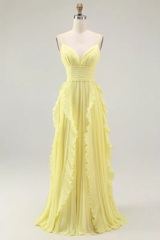 Sunshine Yellow A-Line Spaghetti Straps Pleated Long Bridesmaid Dress sold by Wedtrend