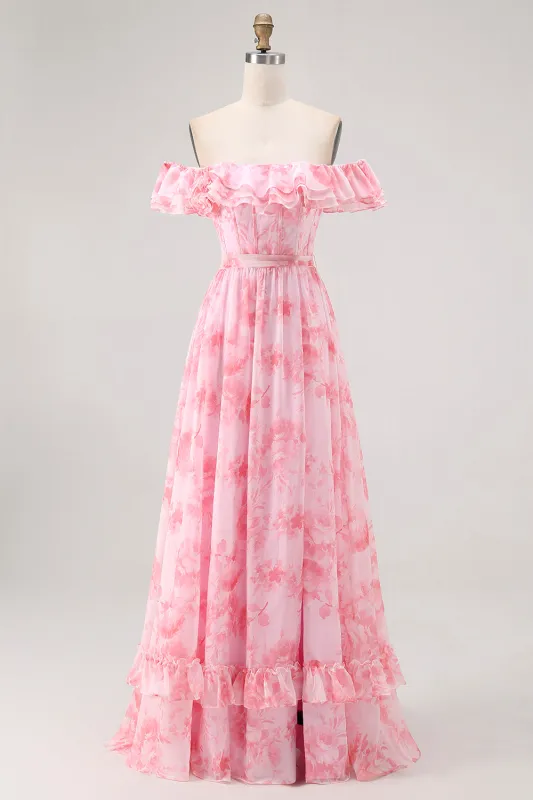 A-Line Off The Shoulder Chiffon Pink Floral Long Bridesmaid Dress with Ruffles made by Wedtrend