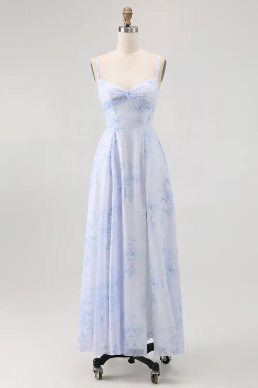 Blue Flower A-Line Spaghetti Straps Backless Bridesmaid Dress sold by Wedtrend