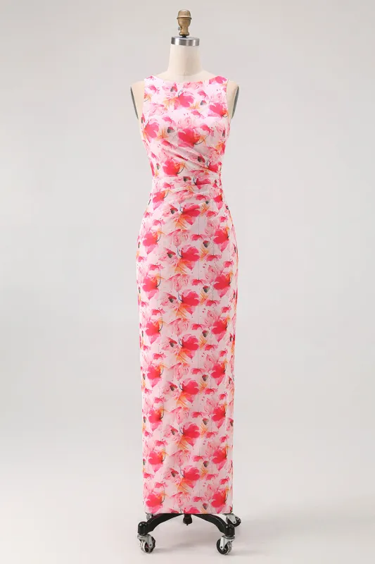 Simple Pink Flower Sheath Boat Neck Wedding Guest Dress sold by Wedtrend