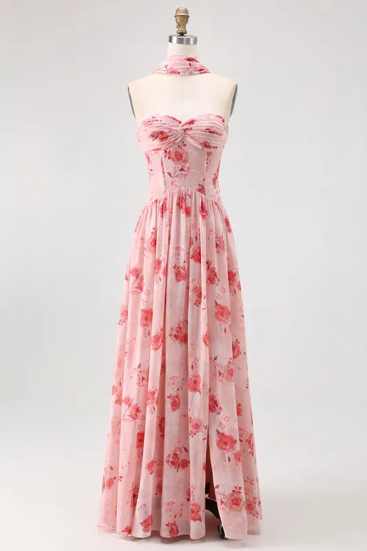 Dusty Rose A-Line Strapless Ruched Print Floral Convertible Chiffon Dress with Slit made by Wedtrend