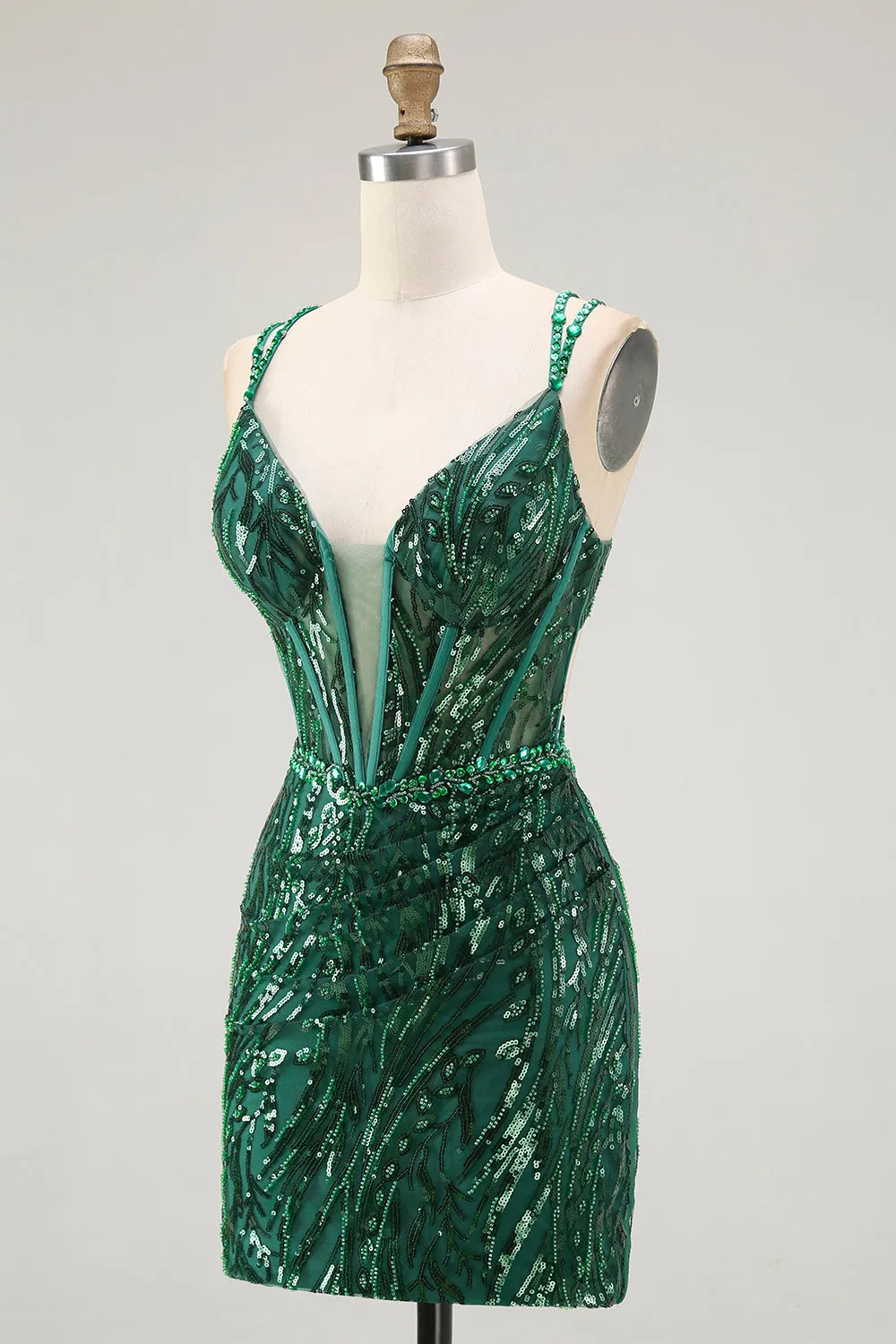 Sparkly Dark Green Bodycon Corset Tie Back Sequin Short Homecoming Dress sold by Wedtrend product image thumbnail 3