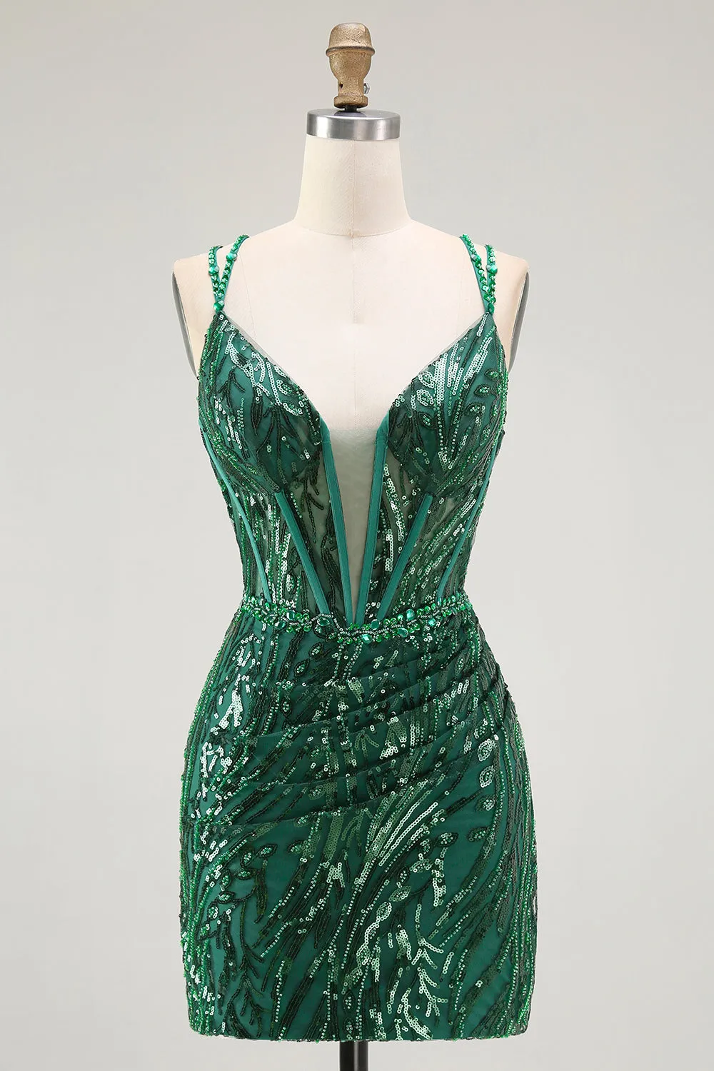 Sparkly Dark Green Bodycon Corset Tie Back Sequin Short Homecoming Dress sold by Wedtrend