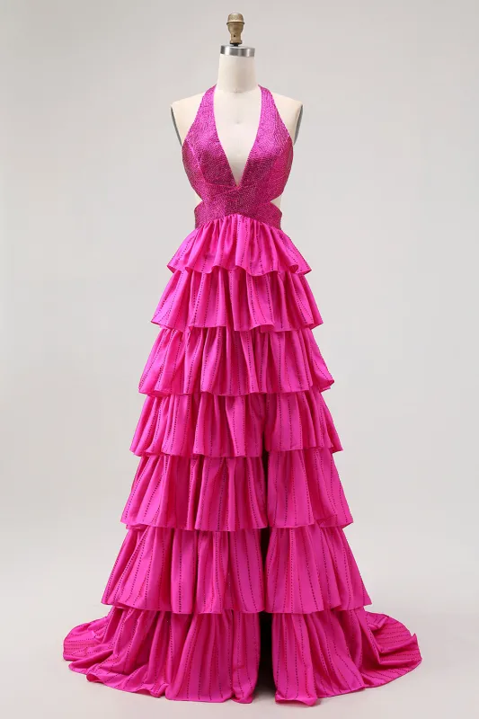 Fuchsia A Line Halter Tiered Open Back Beaded Long Prom Dress with Slit made by Wedtrend
