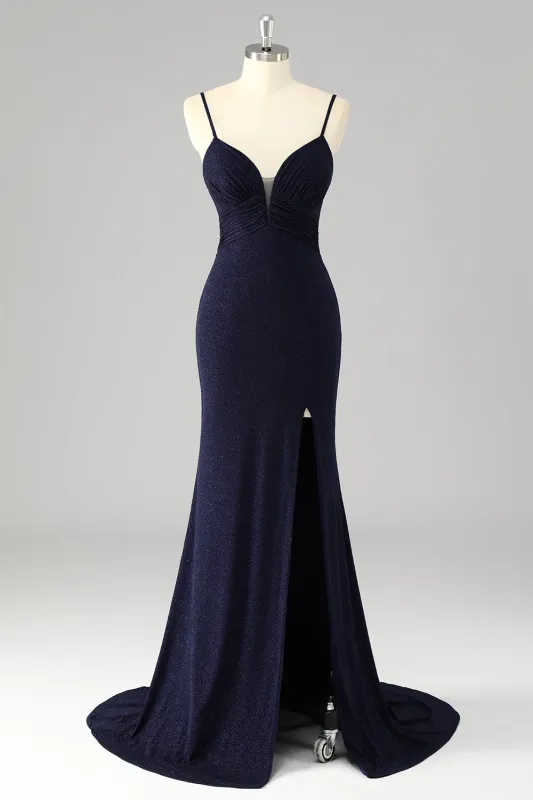 Glitter Navy Mermaid Spaghetti Straps Corset Long Prom Dress with Slit made by Wedtrend