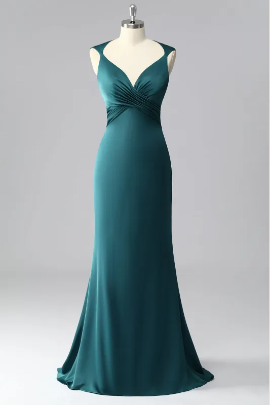 Peacock Blue Mermaid V-Neck Open Back Pleated Long Prom Dress sold by Wedtrend