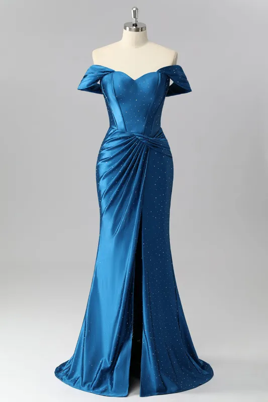Dark Blue Off The Shoulder Pleated Beaded Mermaid Long Prom Dress with Slit made by Wedtrend