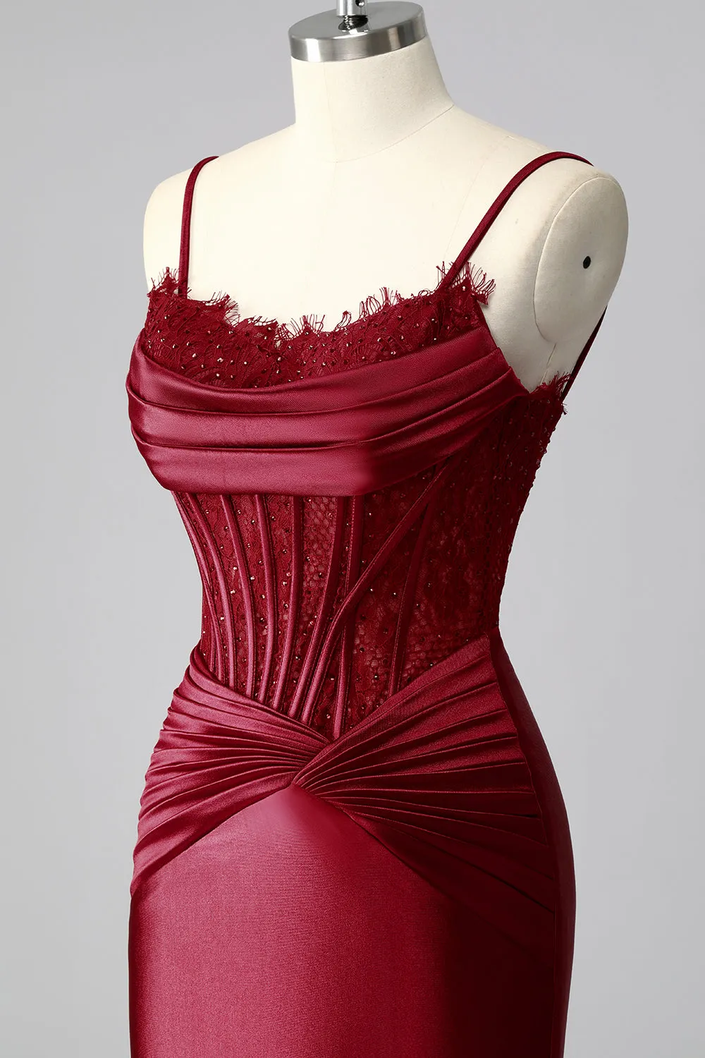 Burgundy Mermaid Cowl Neck Pleated Satin Corset Prom Dress with Beading sold by Wedtrend product image thumbnail 5