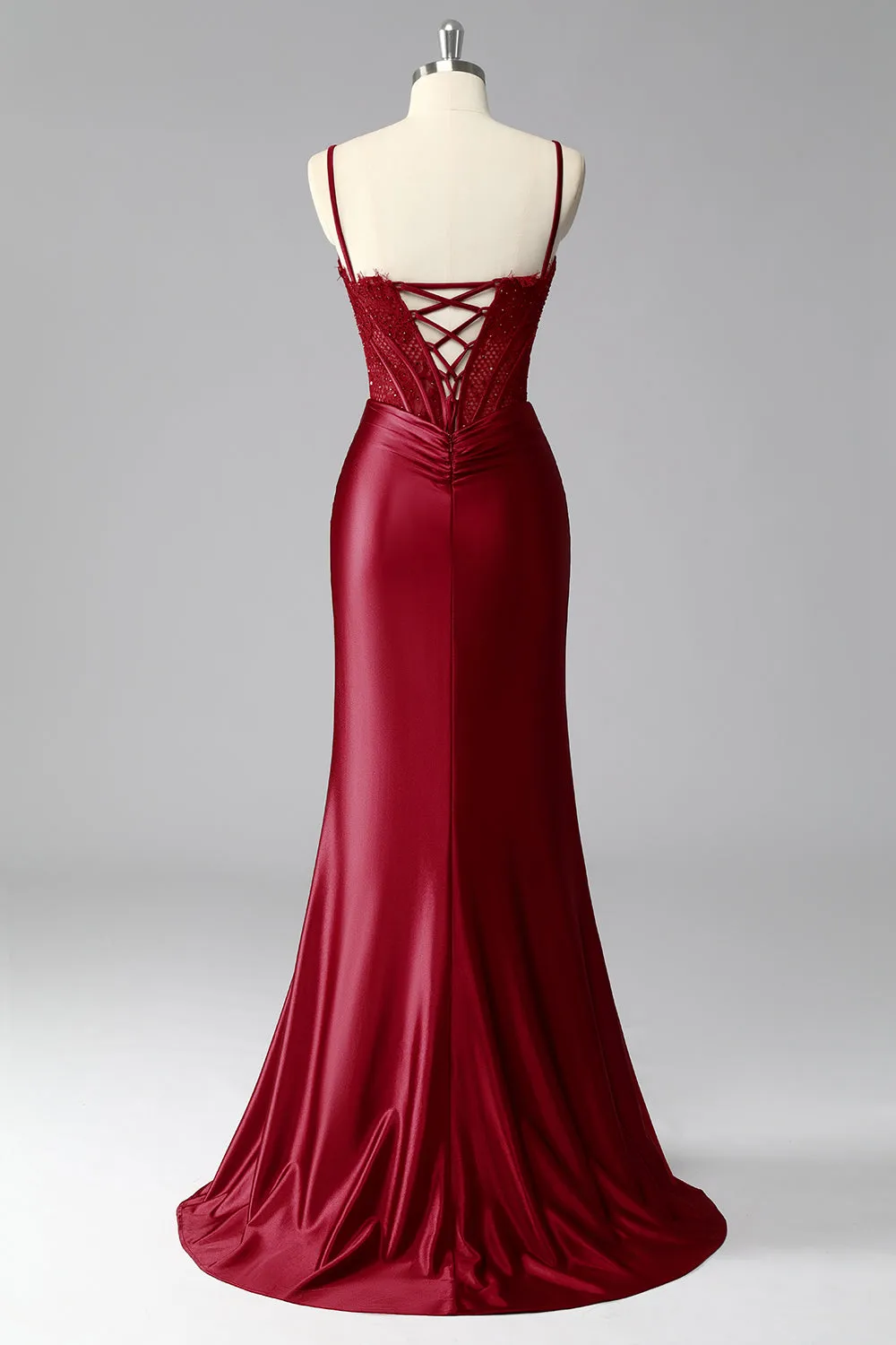Burgundy Mermaid Cowl Neck Pleated Satin Corset Prom Dress with Beading sold by Wedtrend product image thumbnail 2