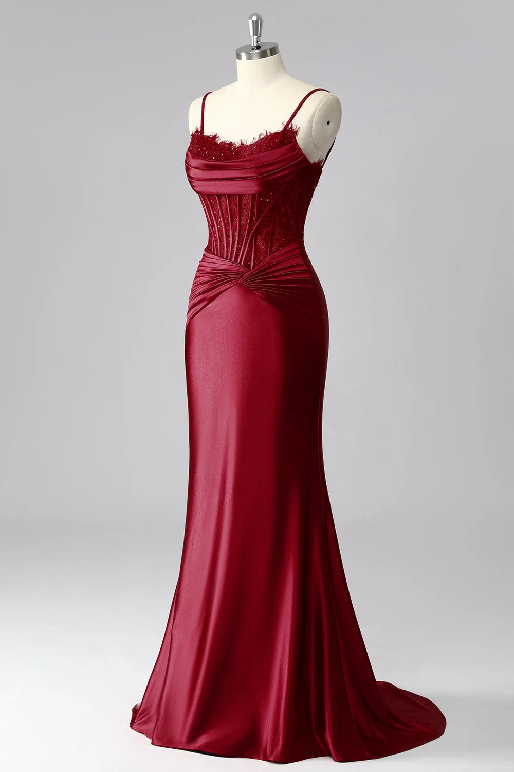 Burgundy Mermaid Cowl Neck Pleated Satin Corset Prom Dress with Beading sold by Wedtrend product image thumbnail 3