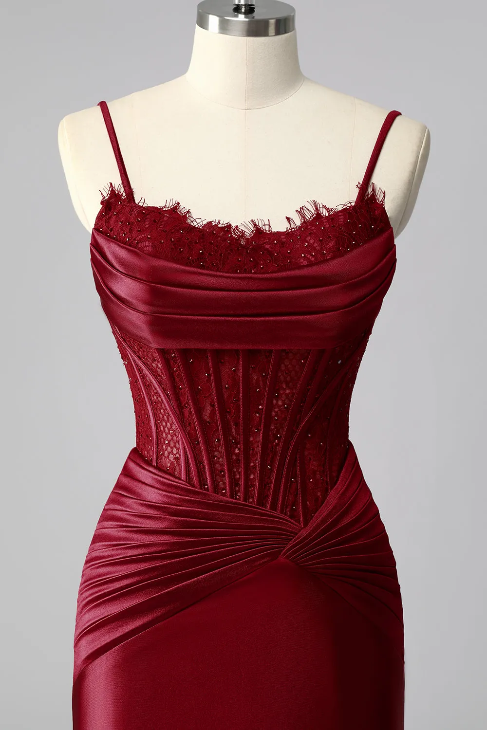 Burgundy Mermaid Cowl Neck Pleated Satin Corset Prom Dress with Beading sold by Wedtrend product image thumbnail 4