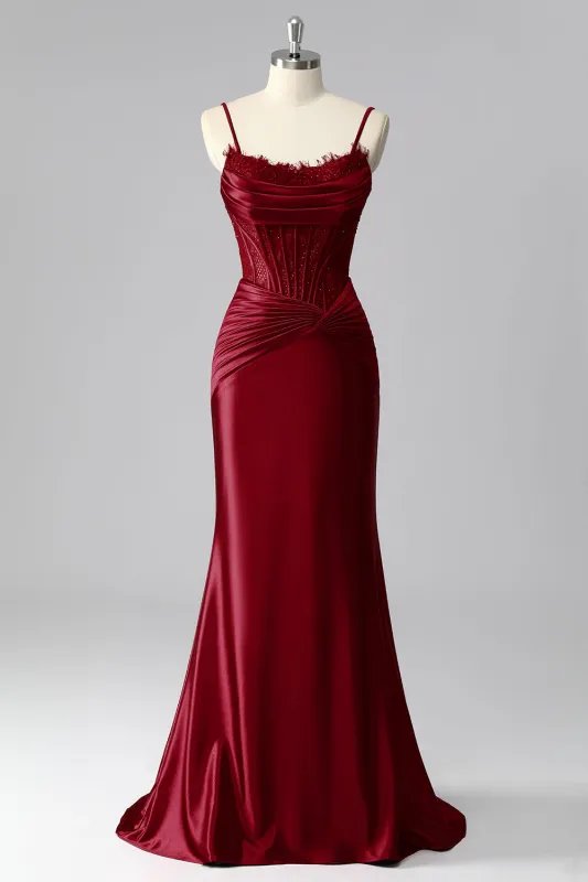 Burgundy Mermaid Cowl Neck Pleated Satin Corset Prom Dress with Beading sold by Wedtrend