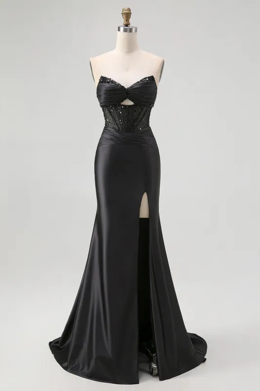 Black Mermaid Strapless Cut-Out Corset Satin Long Prom Dress with Slit made by Wedtrend