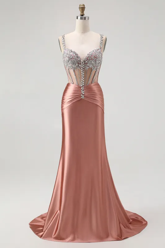 Blush Mermaid Spaghetti Straps Beaded Corset Prom Dress with Rhinestones made by Wedtrend