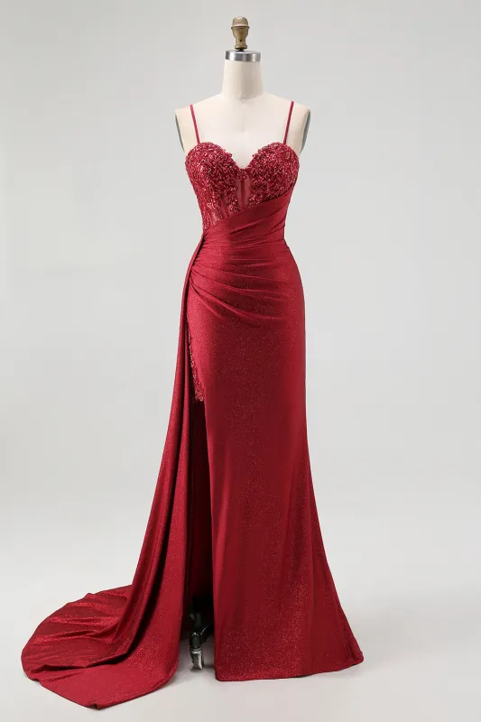 Glitter Burgundy Mermaid Beaded Corset Prom Dress with Slit made by Wedtrend