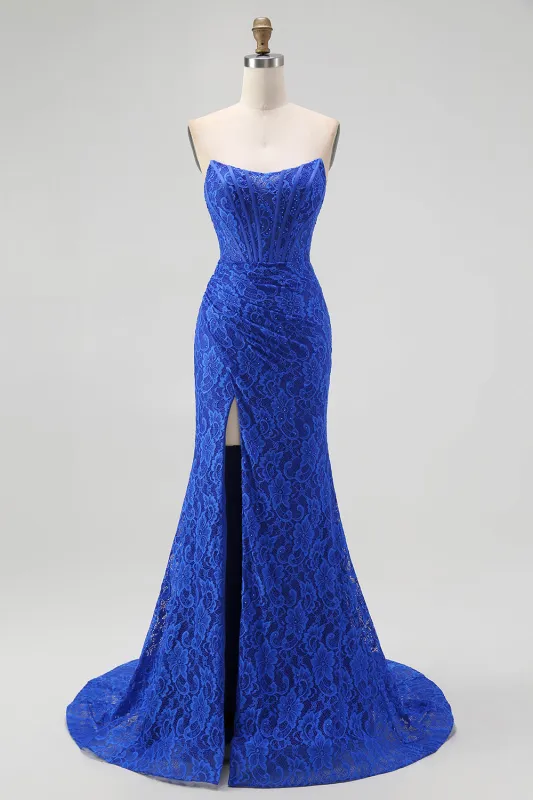 Royal Blue Mermaid Strapless Floral Jacquard Beaded Corset Prom Dress With Slit made by Wedtrend