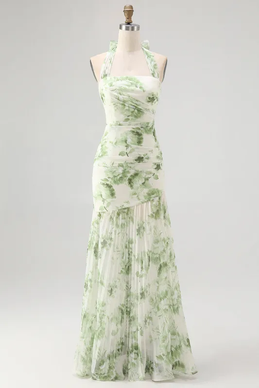 Green Halter-Neck Tie-Back Backless Pleated Floral Maxi Dress sold by Wedtrend
