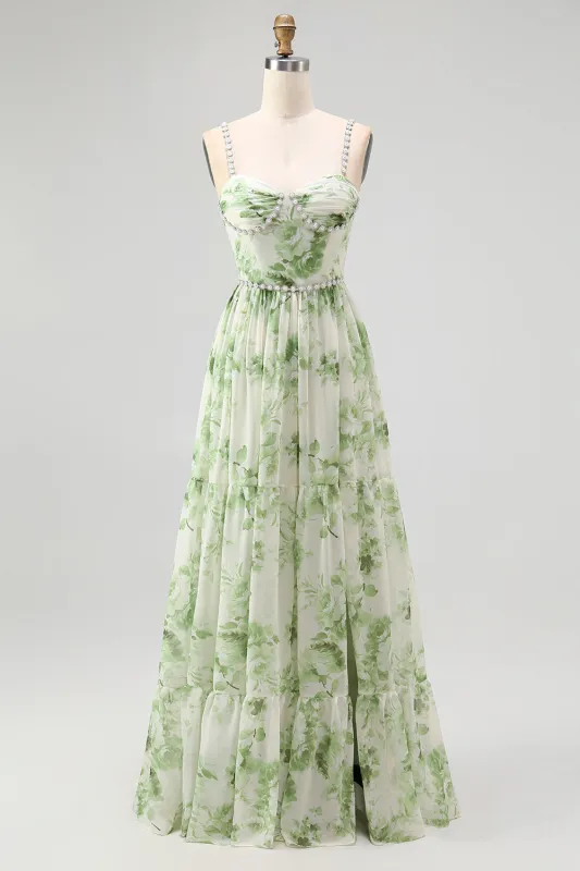 Floral Green A-Line Spaghetti Strap Chiffon Long Bridesmaid Dress with Slit made by Wedtrend