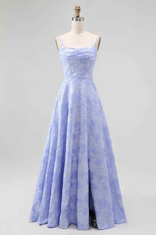 Blue A-Line Ruched Tie-Back Floral Jacquard Maxi Dress with Slit made by Wedtrend