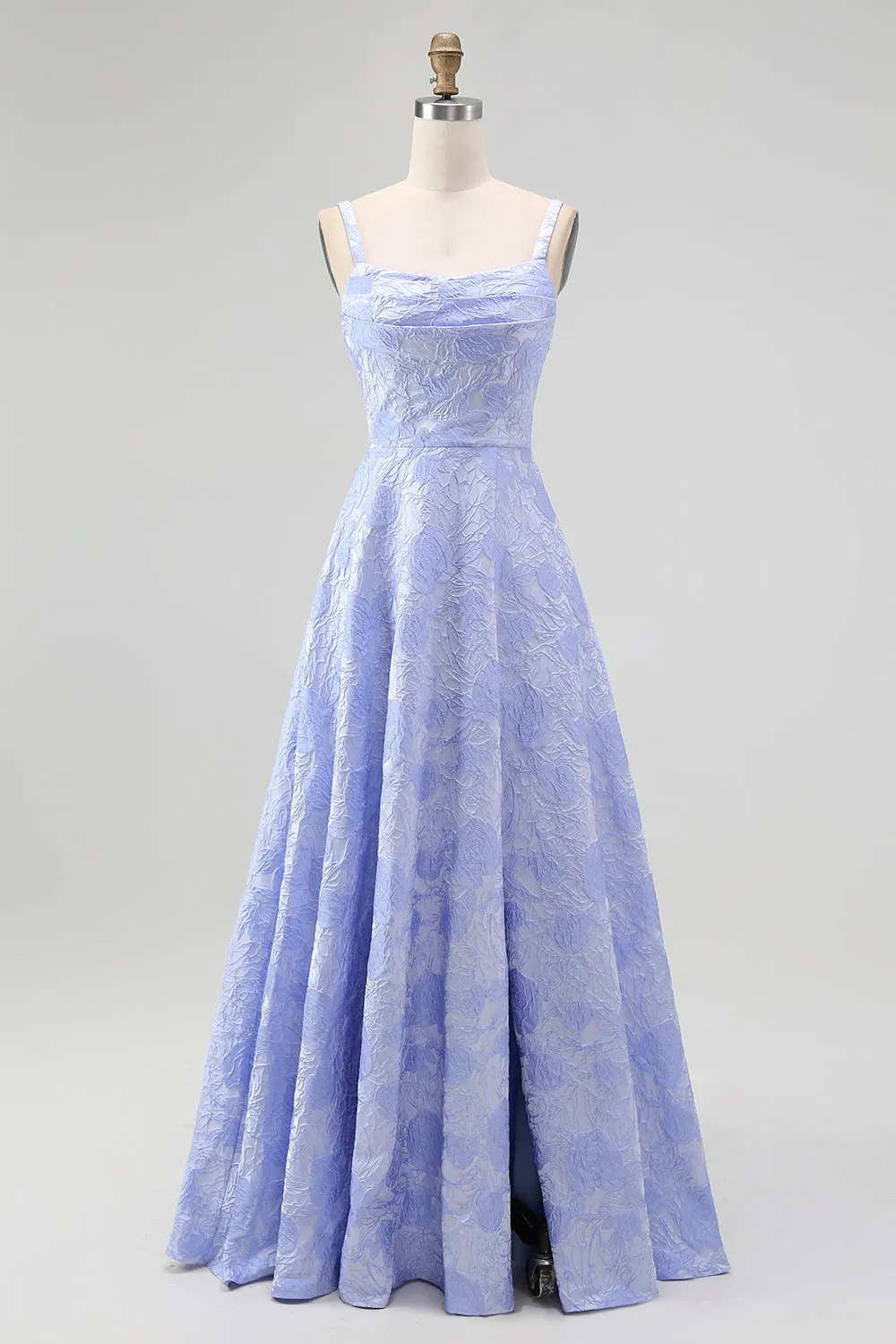 Blue A-Line Ruched Tie-Back Floral Jacquard Maxi Dress with Slit sold by Wedtrend