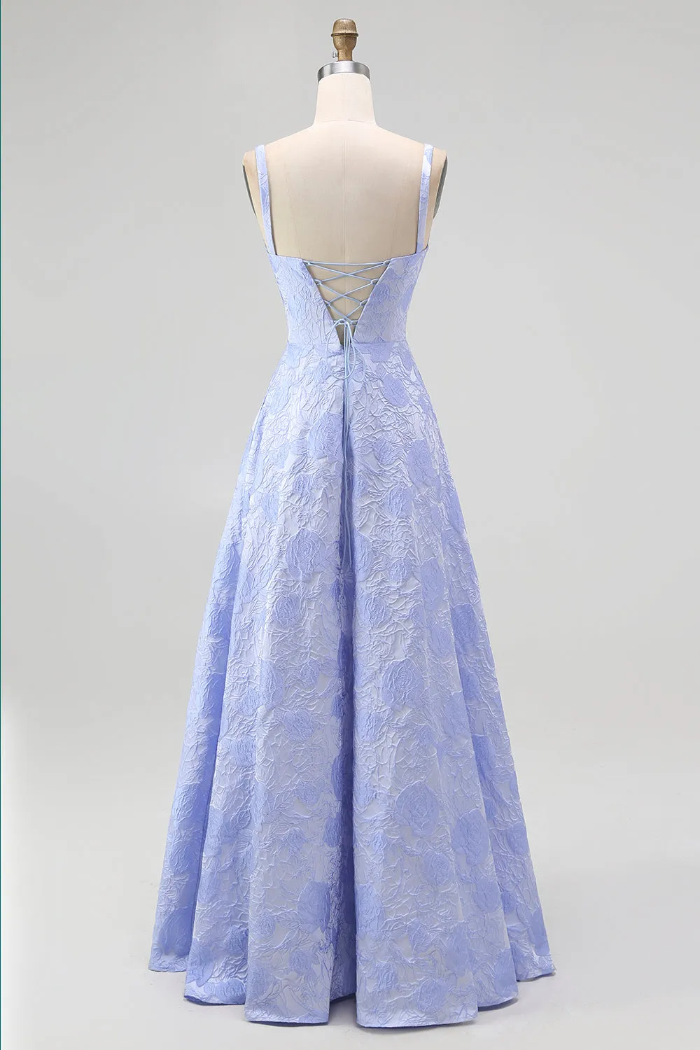 Blue A-Line Ruched Tie-Back Floral Jacquard Maxi Dress with Slit sold by Wedtrend product image thumbnail 2