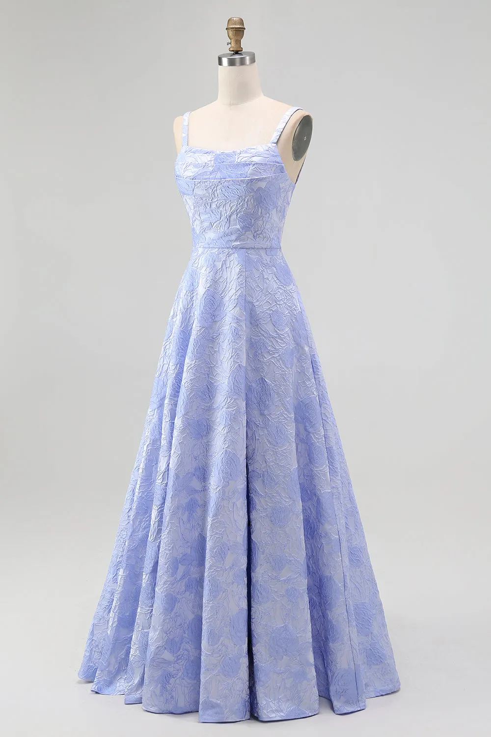 Blue A-Line Ruched Tie-Back Floral Jacquard Maxi Dress with Slit sold by Wedtrend product image thumbnail 3