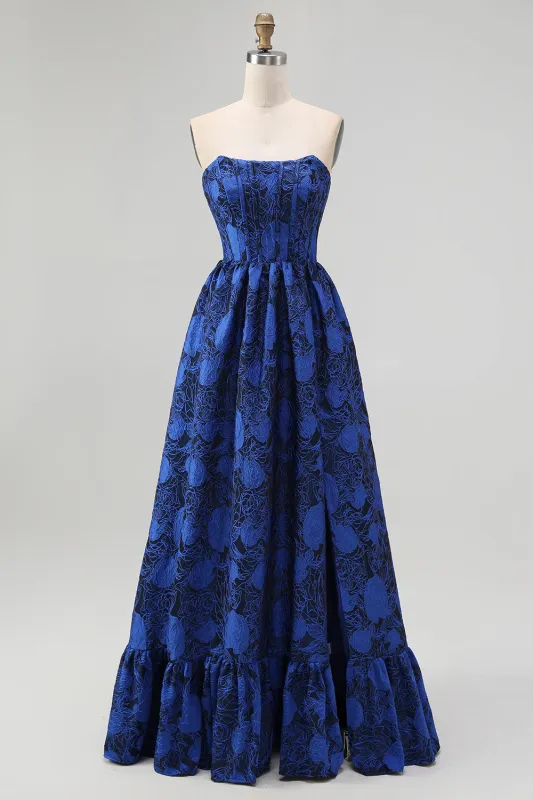 Dark Blue A-Line Strapless Floral Jacquard Ruffled Corset Maxi Dress sold by Wedtrend