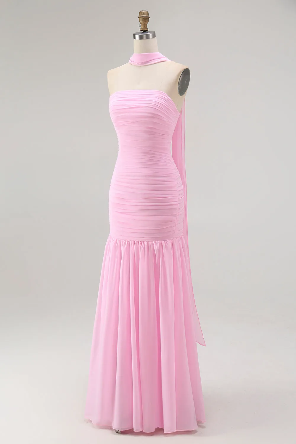 Pink Strapless Ruched Mermaid Long Bridesmaid Dress with Slit sold by Wedtrend product image thumbnail 3