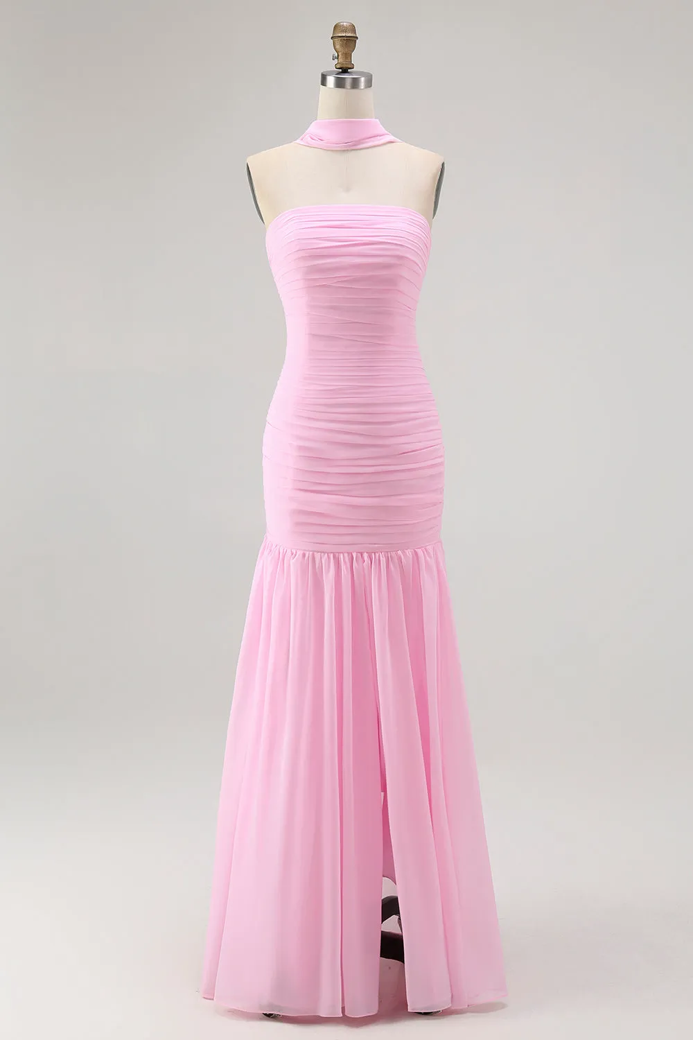 Pink Strapless Ruched Mermaid Long Bridesmaid Dress with Slit sold by Wedtrend