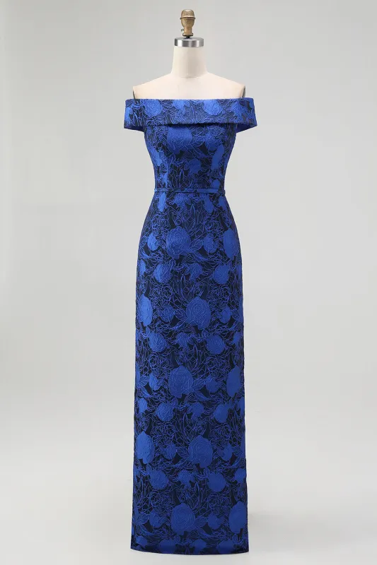 Elegant Royal Blue Off Shoulder Floral Jacquard Formal Dress sold by Wedtrend
