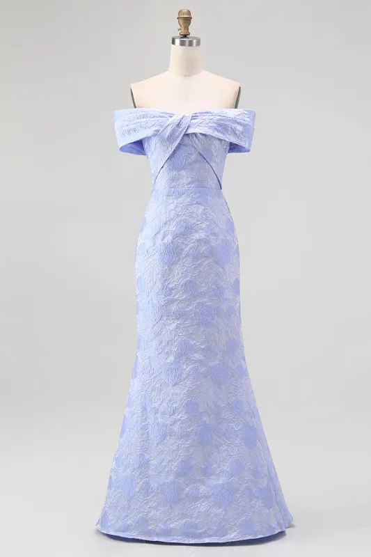 Elegant Off The Shoulder Floral Jacquard Mermaid Maxi Blue Formal Dress made by Wedtrend