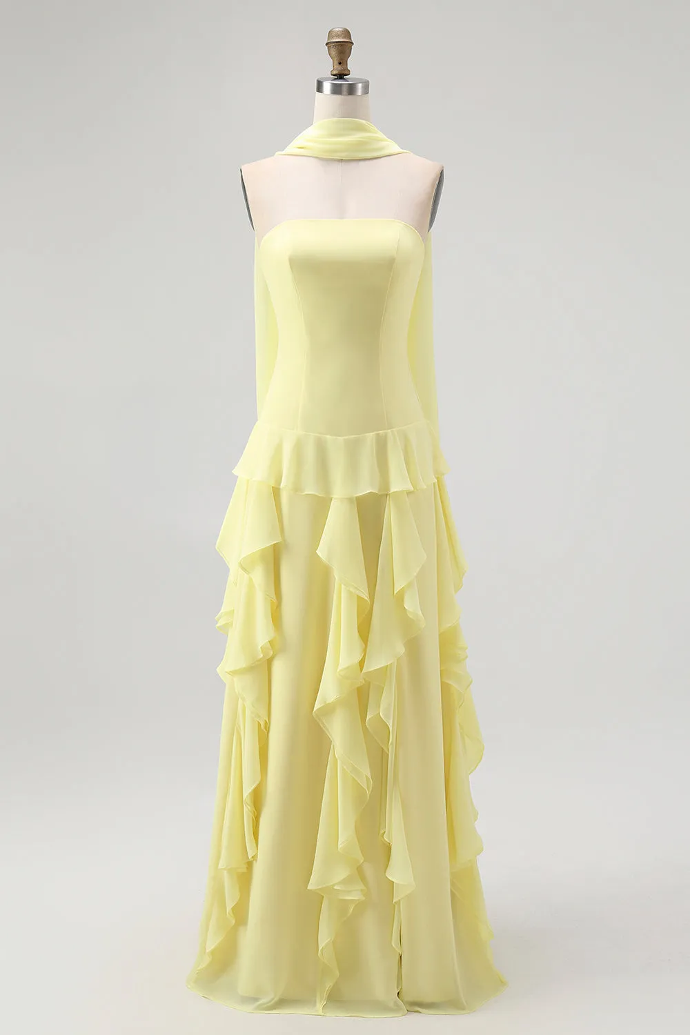 Yellow A-Line Strapless Chiffon Long Bridesmaid Dress with Ruffles sold by Wedtrend
