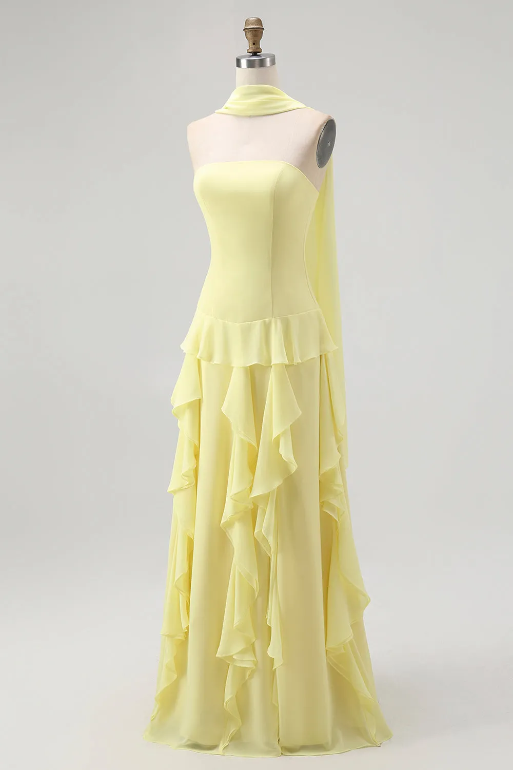 Yellow A-Line Strapless Chiffon Long Bridesmaid Dress with Ruffles sold by Wedtrend product image thumbnail 3