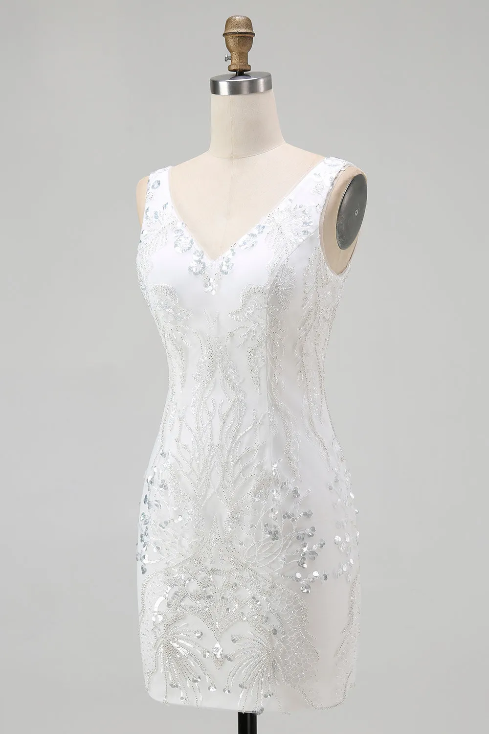 Sparkly White V-Neck Bodycon Short Homecoming Dress With Sequins sold by Wedtrend product image thumbnail 3