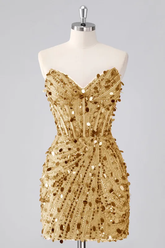Sparkly Gold Bodycon Strapless Corset Homecoming Dress with Sequins sold by Wedtrend