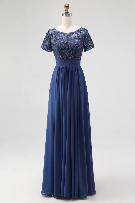 Navy A-Line Boat Neck Appliques Long Mother Of The Bride Dress sold by Wedtrend